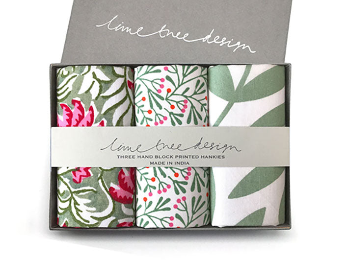 Block Print Handkerchiefs - Green and Pink Floral