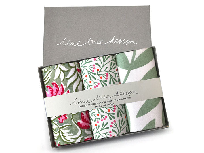 Block Print Handkerchiefs - Green and Pink Floral