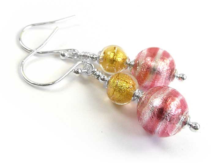 Murano Glass Duetto Earrings - Raspberry and Gold