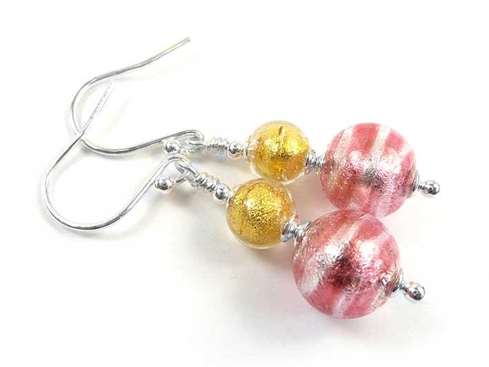 Murano Glass Duetto Earrings - Raspberry and Gold