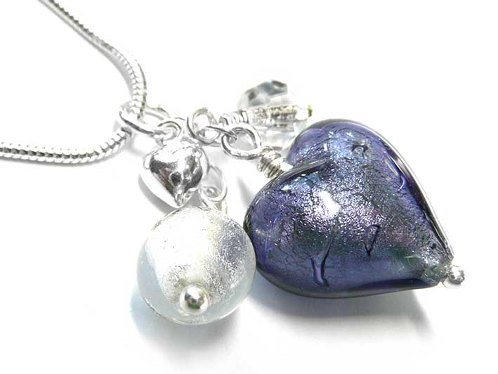 Murano Glass Heart Cluster Pendant - Purple Velvet