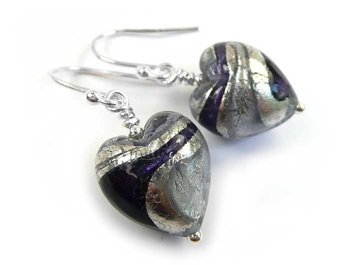 Murano Glass Heart Earrings - Purple Velvet and Lilac