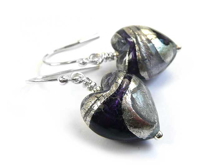 Murano Glass Heart Earrings - Purple Velvet and Lilac