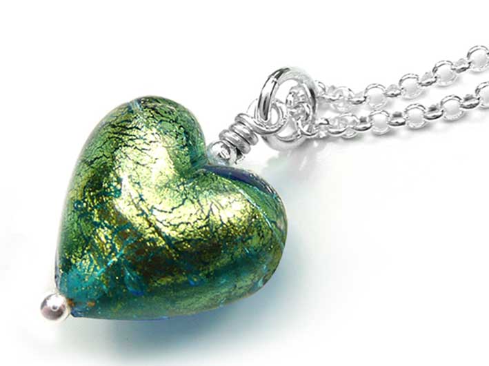 Murano Glass Heart Pendant - Aqua Verde Small