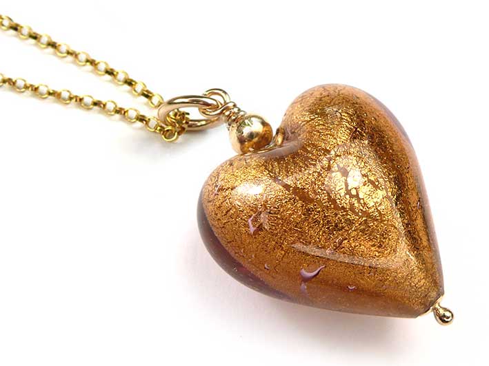 Murano Glass Heart Pendant - Chocolate Gold
