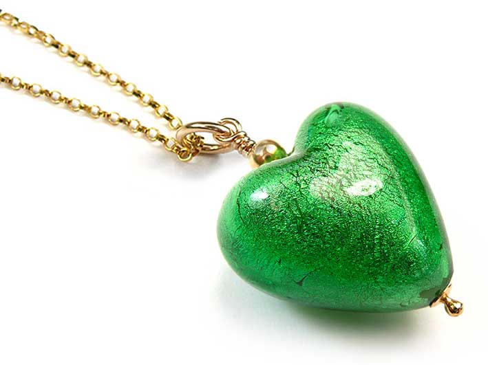 Murano Glass Heart Pendant - Emerald Gold