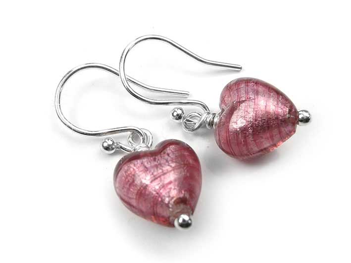 Murano Glass Tiny Heart Earrings - Raspberry