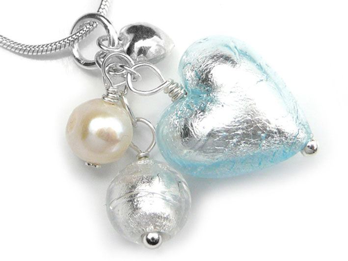 Murano Glass Heart Cluster Pendant - Aquamarine