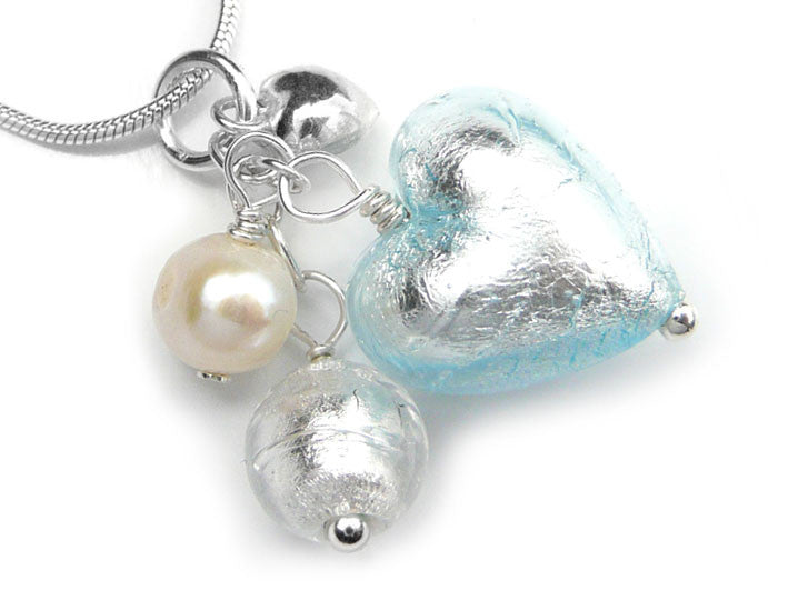 Murano Glass Heart Cluster Pendant - Aquamarine