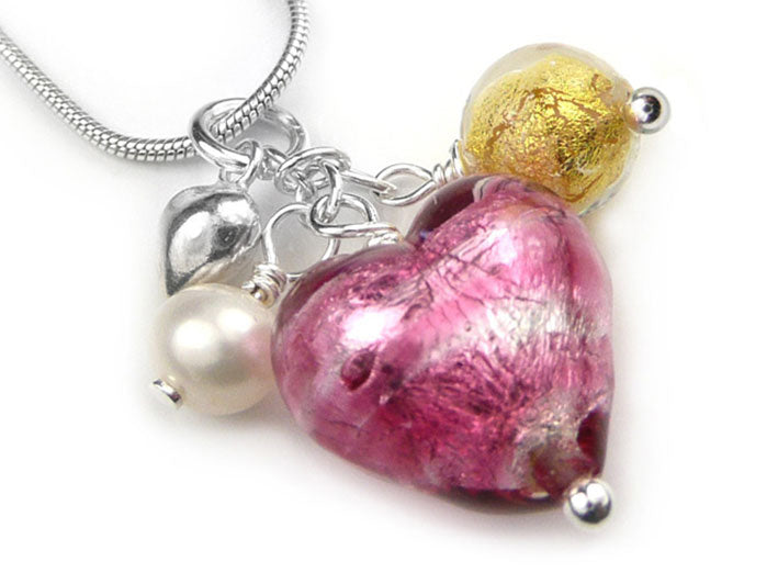 Murano Glass Heart Cluster Pendant - Raspberry Ripple and Gold