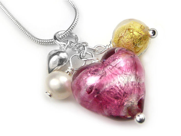 Murano Glass Heart Cluster Pendant - Raspberry Ripple and Gold