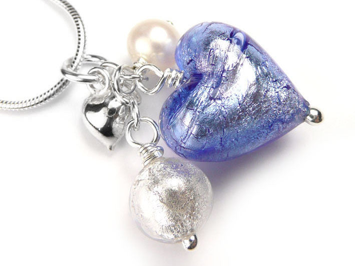 Murano Glass Heart Cluster Pendant - Sapphire