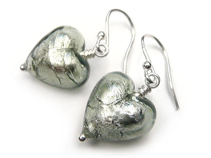 Murano Glass Heart Earrings - Black Diamond