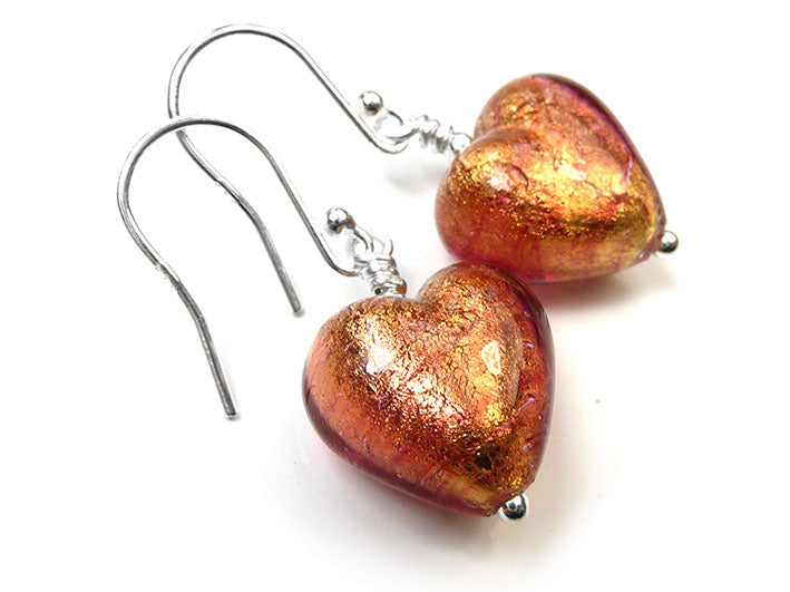 Murano Glass Heart Earrings - Copper