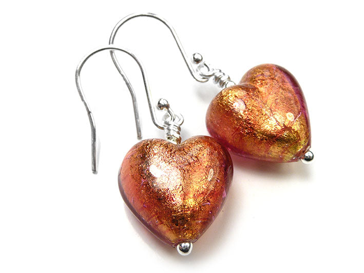 Murano Glass Heart Earrings - Copper