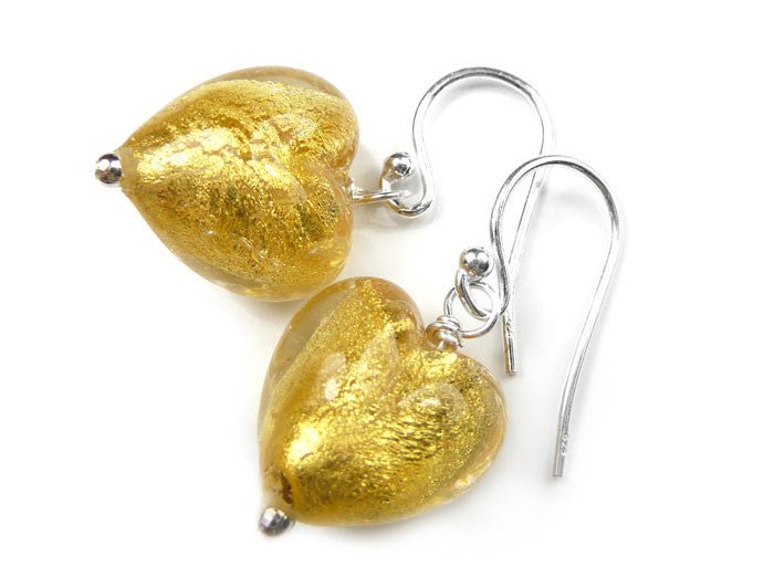 Murano Glass Heart Earrings - Gold