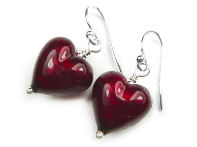 Murano Glass Heart Earrings - Ruby