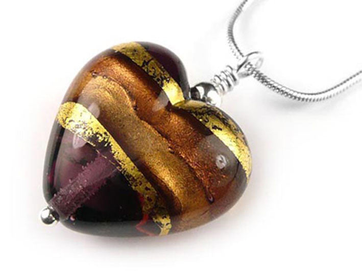 Murano Glass Heart Pendant - Amethyst Gold - Snake Chain