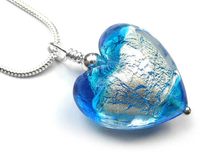 Murano Glass Heart Pendant - Aqua White Gold