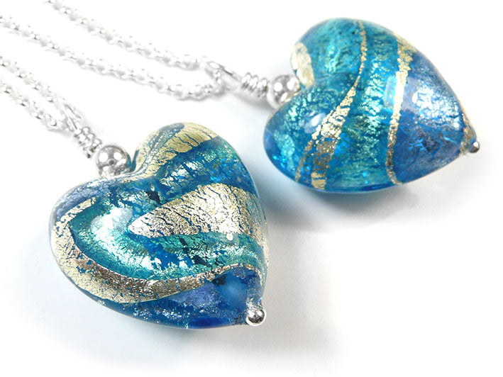 Murano Glass Heart Pendant - Aqua and Sapphire Swirl