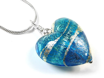 Murano Glass Heart Pendant - Aqua and Sapphire Swirl