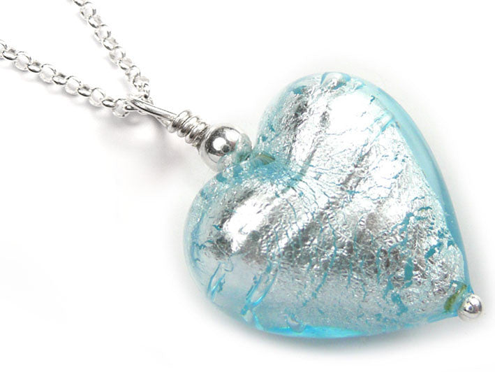 Murano Glass Heart Pendant - Aquamarine - Belcher Chain
