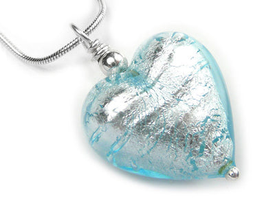 Murano Glass Heart Pendant - Aquamarine - Snake Chain