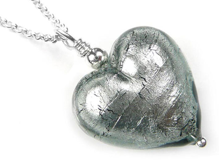 Murano Glass Heart Pendant - Black Diamond Belcher Chain