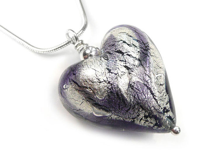 Murano Glass Heart Pendant - Black Diamond and Purple Velvet Swirls - Snake Chain