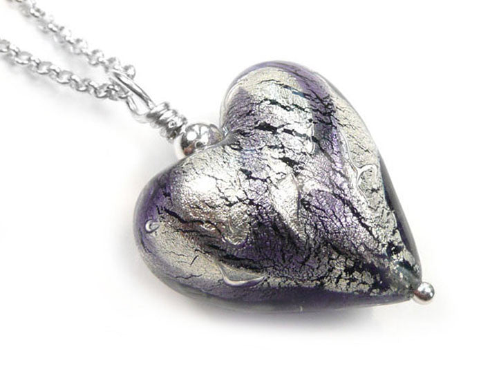 Murano Glass Heart Pendant - Black Diamond and Purple Velvet Swirls - Belcher Chain
