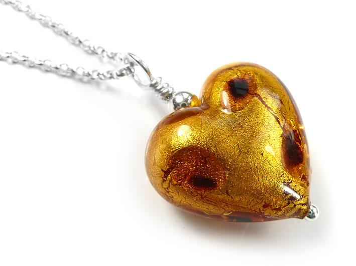 Murano Glass Heart Pendant - Dark Gold Leopard