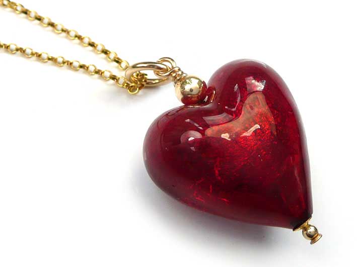 Murano Glass Heart Pendant - Gold Ruby