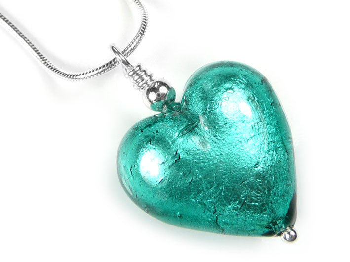 Murano Glass Heart Pendant - Jade - Snake Chain