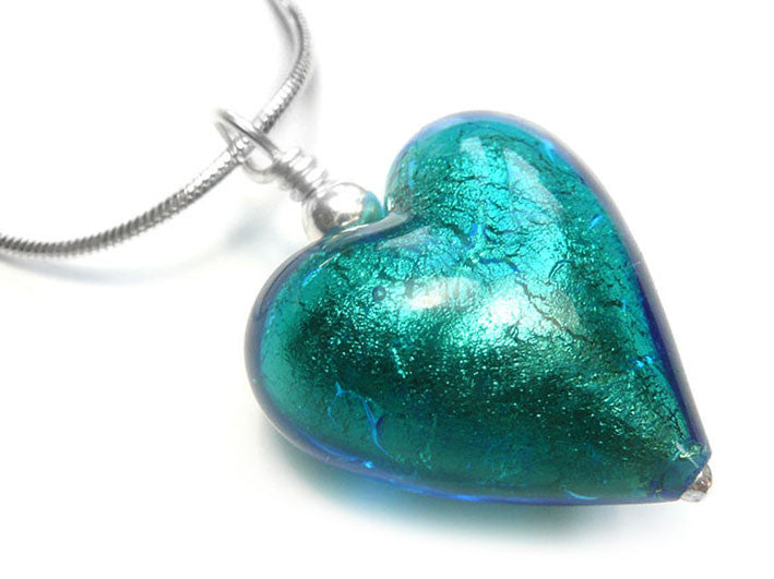 Murano Glass Heart Pendant - Kingfisher - Snake Chain