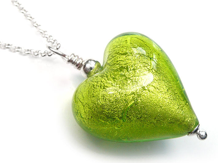 Murano Glass Heart Pendant - Lime - Belcher Chain