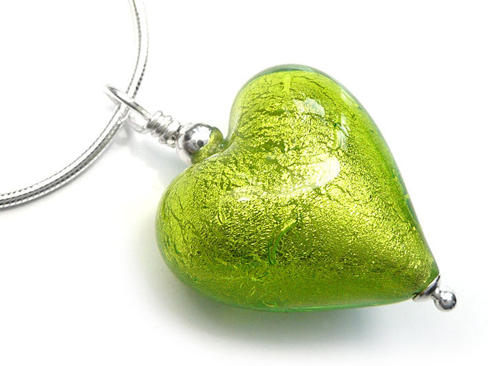 Murano Glass Heart Pendant - Lime - Snake Chain