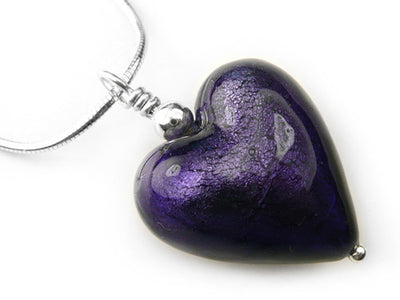 Murano Glass Heart Pendant - Purple Velvet - Snake Chain