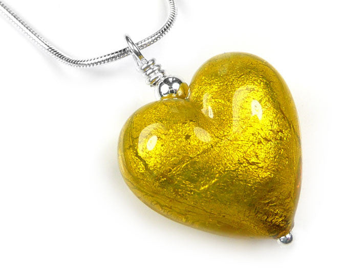 Murano Glass Heart Pendant - Saffron - Snake Chain