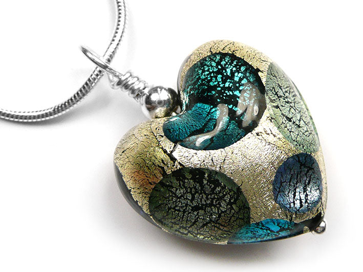 Murano Glass Heart Pendant - Teal Spot