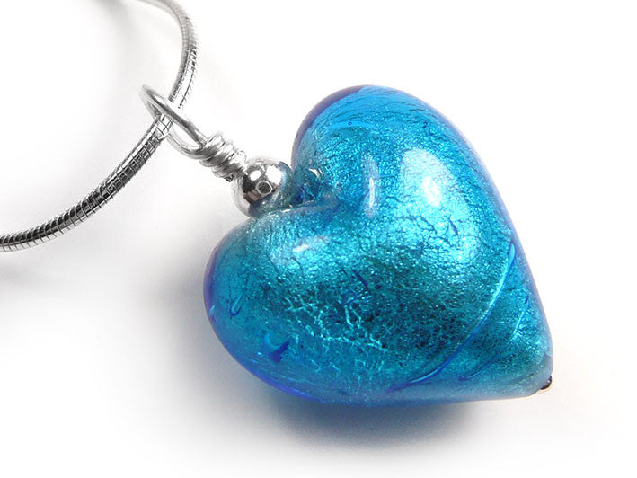 Murano Glass Heart Pendant - Turquoise - Snake Chain