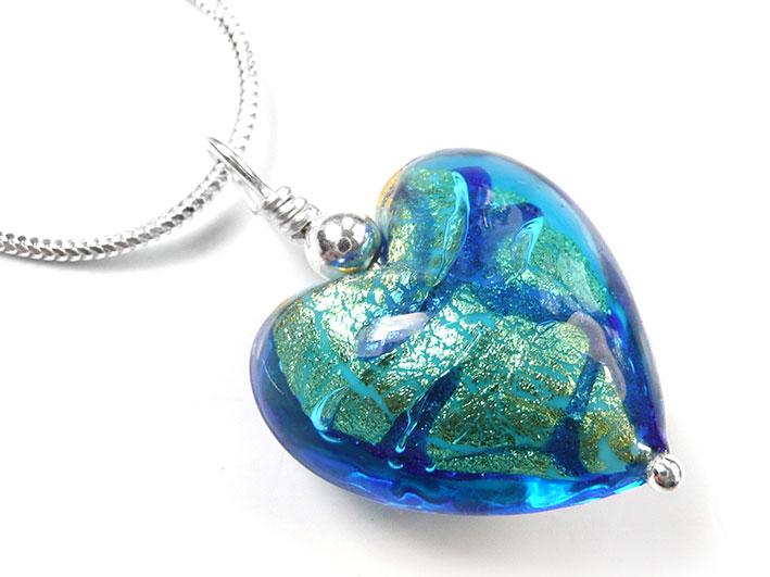 Murano Glass Heart Pendant - Turquoise Gold