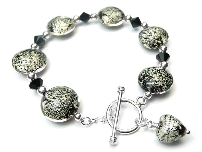 Murano Glass Lentil Bracelet - Black and Silver