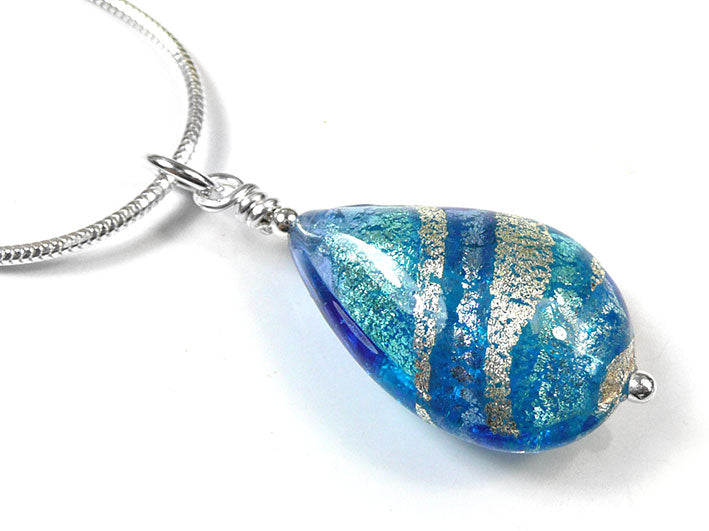 Murano Glass Pendant - Aqua and Sapphire Swirl Drop