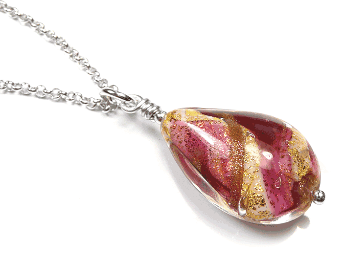 Murano Glass Pendant - Ruby and Rose White Core Drop