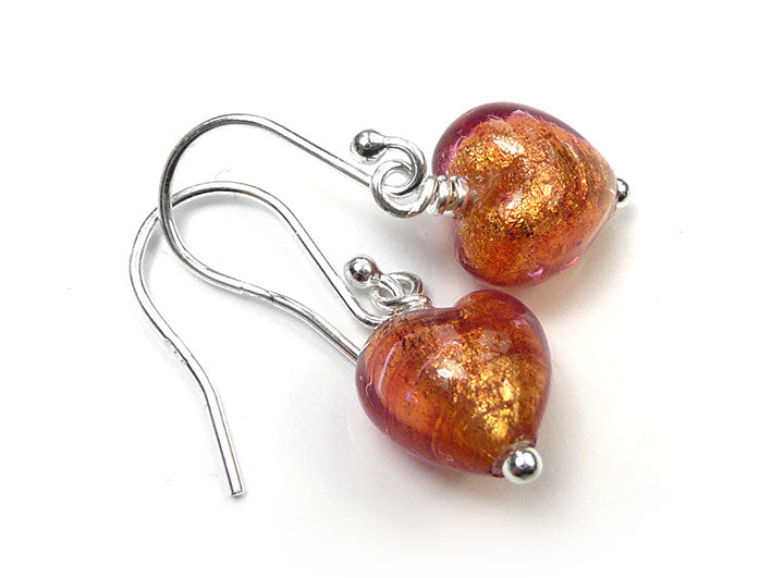 Murano Glass Tiny Heart Earrings - Copper
