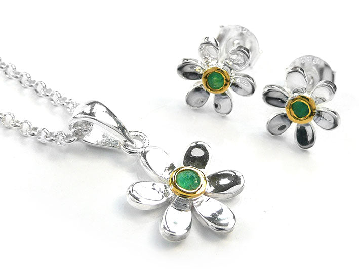 Silver Earrings - Pretty Daisy Emerald