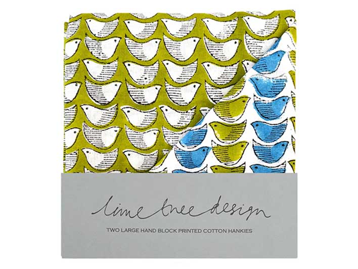 Block Print Handkerchiefs - Blue and Olive Birds