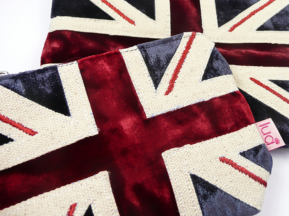 Close up of 2 Union Jack flag purses