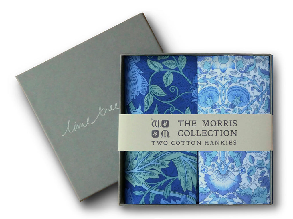 Box of two blue cotton hankies from The Morris Collection with a gray box.