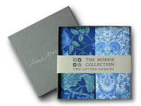 Box of two blue cotton hankies from The Morris Collection with a grey box.
